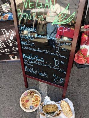 Vegan breakfast sandwich(bean,potato,tofu patty,vegenaise,kale),grand slam(blueberry banana pancake, tofu scramble)La Cañada Flintridge