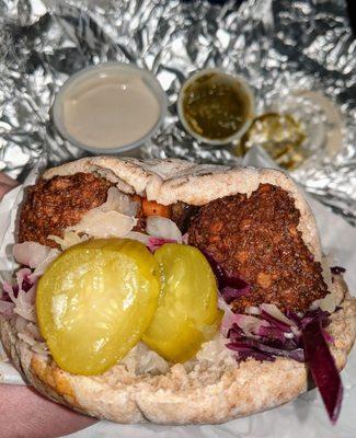 Falafel Whole Wheat Pita Sandwich...tahini & hot sauce on the side