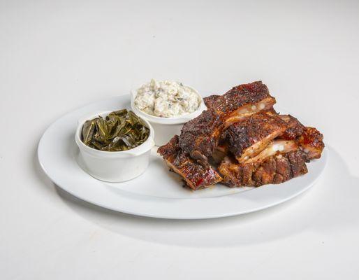 Smoked Rib Tips, Collard Greens and Loaded Potato Salad