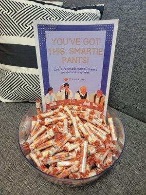 For finals week they gave us smarties as a sweet treat! They are always doing fun events every month for their tenants!