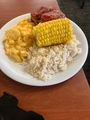 Meatloaf, corn on the cob, Mac and cheese, white rice