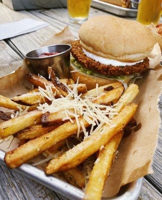 Falafel burger and Parmesan garlic fries