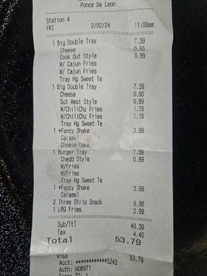 Here's our receipt from our visit today. As u can c, we got a LOT of food & only for $53.