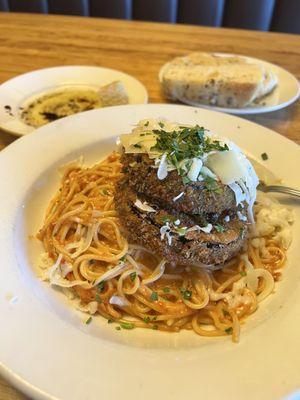 EggPlant Parmesan with pasta (costs $5.49 to add pasta).