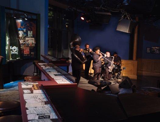 Relativity Brass playing in the Blue Room.