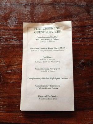 Flat Creek Inn Guest Services brochure.