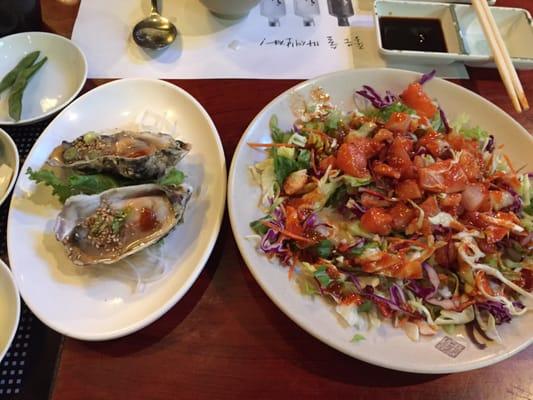 Raw oysters & spicy sashimi salad on the house!