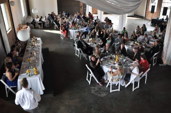 "View from Above" during wedding ceremony speeches at Lofty Spaces