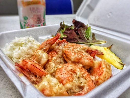 $15 shrimp plate with rice, pineapple and salad