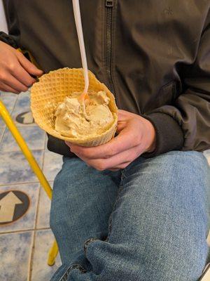 Mocha waffle cone and half eaten scoop - the scoops are huge