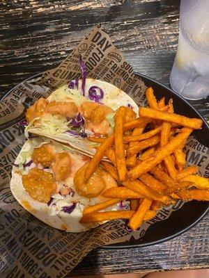 Baja Shrimp Tacos w/ sweet potato fries