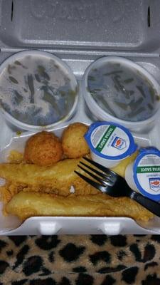 My bday meal.  Two piece fish w/ a double side of green beans, hushpuppies, and tarter sauce..