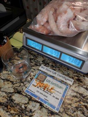 April 2020: Jumbo Gulf Shrimp being weighed. Gift Cards available