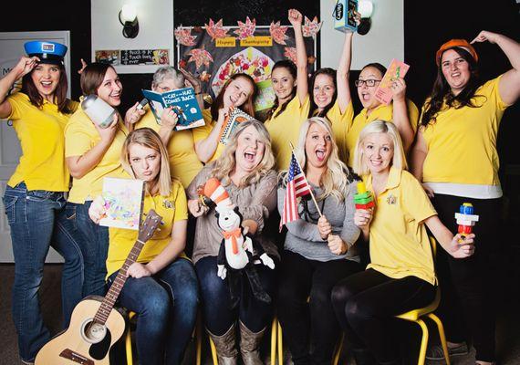 2014 Staff in goofy poses. All wearing Beehive T's. Two directors center front.