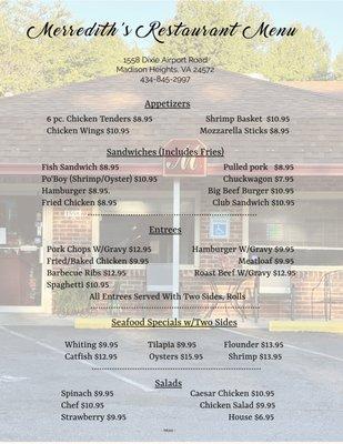 Merredith's Restaurant Menu