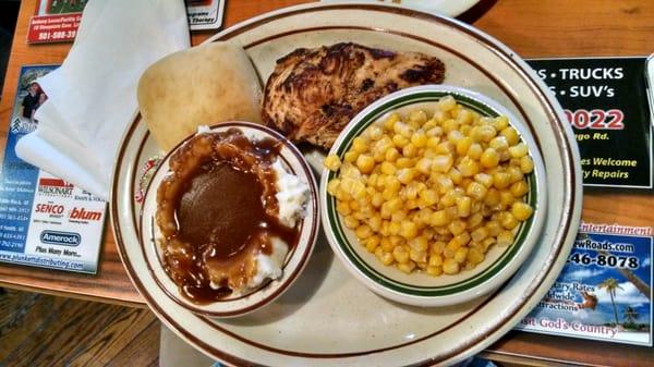 Grilled chicken platter - sweet roll, corn, tender chicken and mashed potatoes with gravy