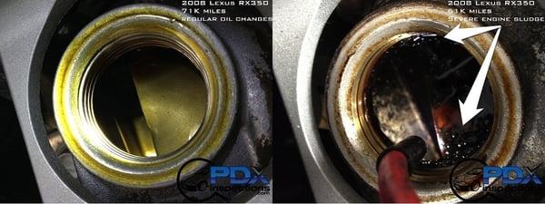 Comparison between two of the same make models and similar miles: One has had regular oil changes, the other has not