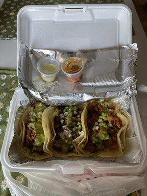 Tacos: Al Pastor, Lengua, Mixto (no onions) Spicy and crema sauce. Super yummy