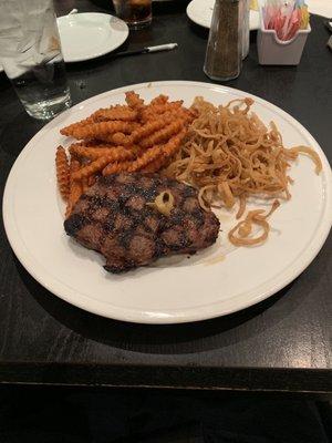 10 oz. sirloin with sweet potato fries and frizzled onions