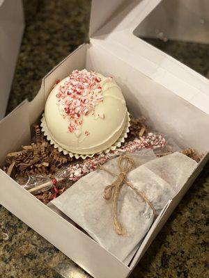 Hot chocolate bomb, stirrer and brownie