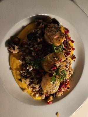 Sea scallops over mashed squash with pomegranate, mango and Mediterranean rice.