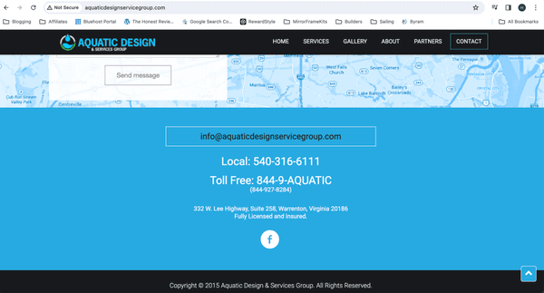 Screenshot of bottom of Aquatic Design's website 6/25/24 showing their claim to be fully licensed