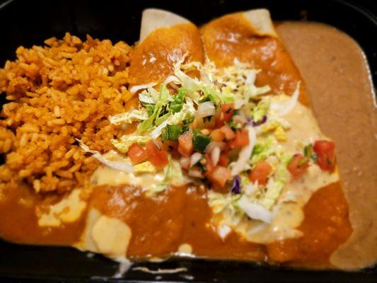 Chicken Enchiladas with Rice and Beans