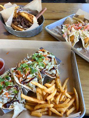 French Dip, Korean Pork Tacos, Fish Tacos