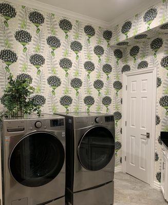 Laundry Room Inspo.  Thibaut Wallpaper Installation