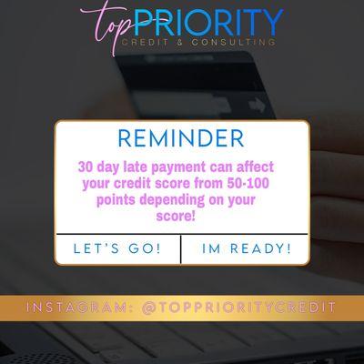 Your payment history makes up 35% of your report. Always pay on time.