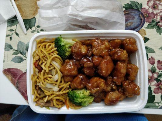 Generally tso's chicken combination platter with lomein. Had to pay extra for lomein instead of rice. Came with egg roll which was ok.