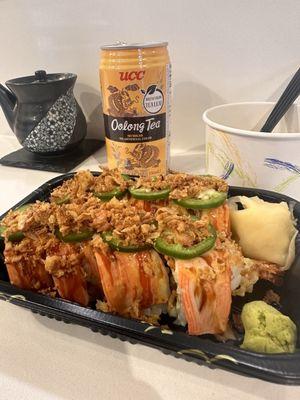 Firecracker Roll, Miso Soup, and Oolong Tea