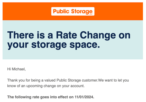 Screenshot of a message, "There is a Rate Change on your storage space," from Public Storage.