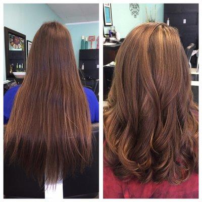 From drab to Fab ! Taking this new mom to a great, new length and stylish hi-lights to make her look and feel amazing