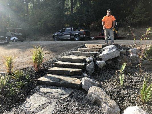 Natural rock stairs and a drought tolerant, deer resistant landscape!