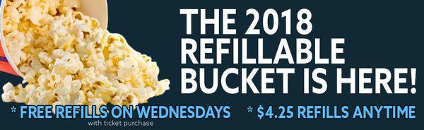 It's FREE Popcorn on Wednesdays!  Pick up a 2018 TGI Free Refill Popcorn Bucket for 16 months of FREE POPCORN at Riverdale 10 VIP Cinema!