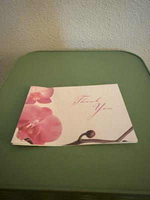 Cheap thank you cards with blurry image and uneven edges, printed on computer paper!