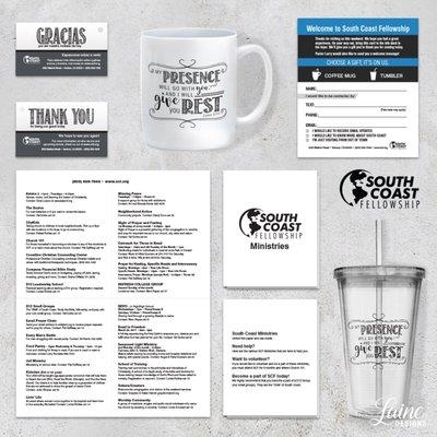 Laine Designs created this packet of: Thank you card (English and Spanish), Ministries Brochure, Visitor Card, Mug and Tumbler