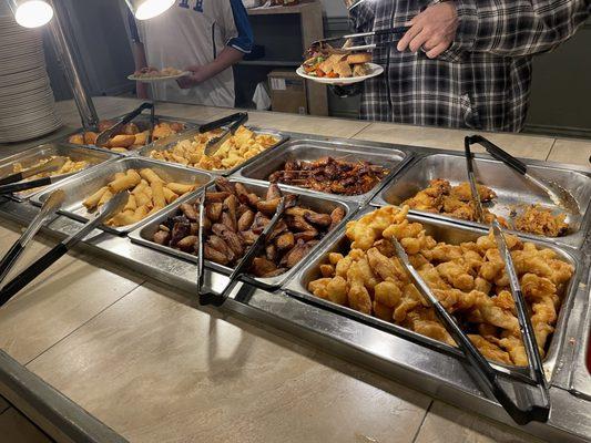 Crab Rangoon, fried bananas, egg rolls, chicken skewers, fried chicken