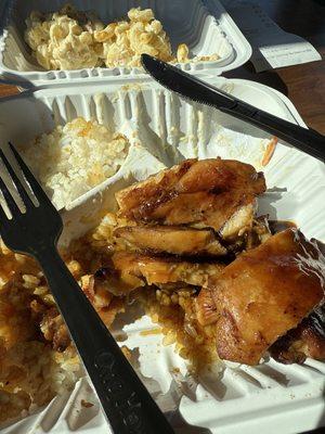 Teriyaki Chicken and macaroni salad.  Chicken was slightly undercooked.