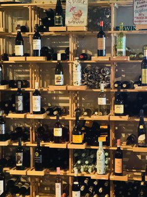 A wall full of wine options.