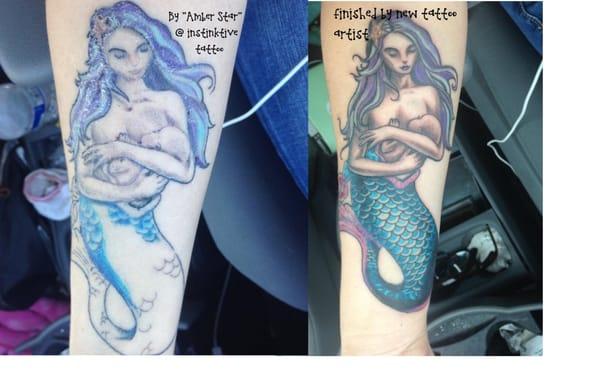 Tattoo done by Amber Star on the left (4 hours), redone and finished by another artist at a different shop on the right (under 2 hours).