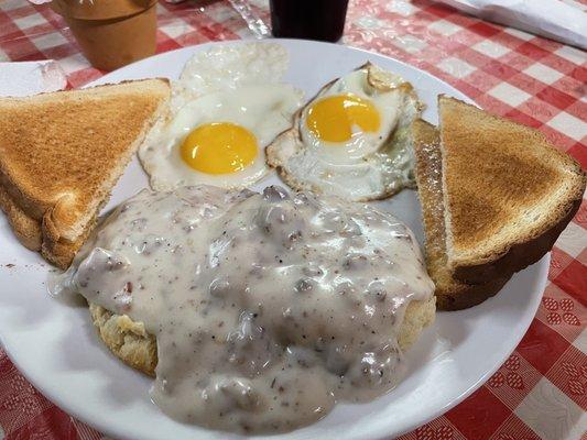 Sausage biscuit gravy, two eggs and toast