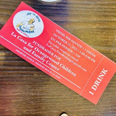 Prime Rib Dinner ticket