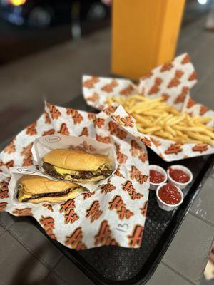 Single smash burgers and shoe string fries