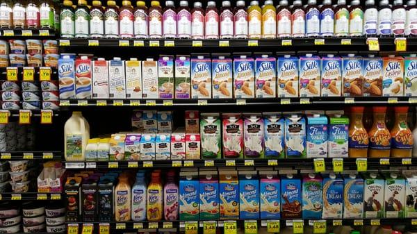 A kaleidoscope of milk and juice options.