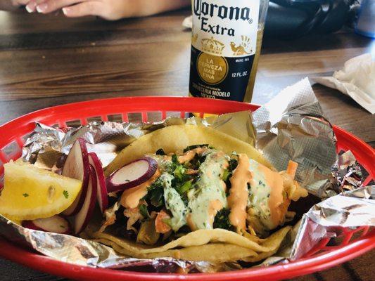 Fried fish taco and yes a Corona!