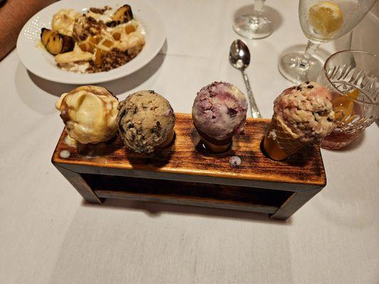 Ice cream flight. Salted caramel swirl,  mocha  oreo, blueberry tiramisu,  and raspberry dark chocolate.