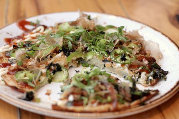 Ramp & Asparagus Okonomiyaki Pancake ($16) - Japanese BBQ, kewpie mayo, nori, katsuobushi. Good