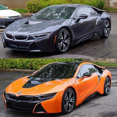 BMW i8 wrapped in two tone adgraphics_na Gloss Black and tinybotvinyl Gloss Laser Flip Orange!